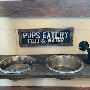 Pups Eatery Food & Water Dog Food Sign - Long Pet Food Wall hanging - Animal Food station q