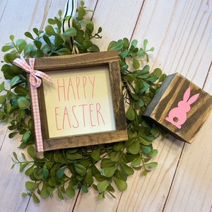 Farmhouse Happy Easter Sign - Mini Bunny - Pink Easter Tiered Tray