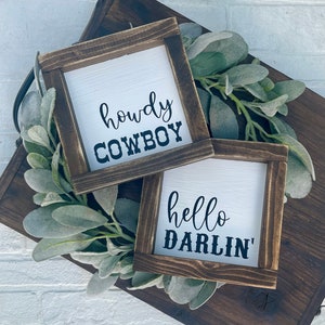 Western Bedroom Decor Signs: Howdy Cowboy, Hello Darlin' - Set of 2