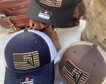 Lineman Flag Leather Patch Hat - Richardson 112 SnapBack Cap