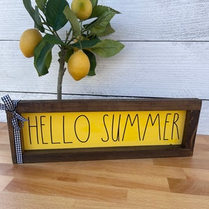 Hello Summer Yellow Farmhouse Decor Sign - Lemon Theme - Perfect for Mantel Hutch Bookshelf