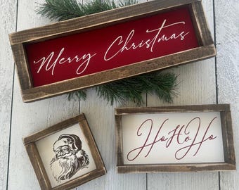 Farmhouse Christmas Sign Set: Red Wood Santa Decor