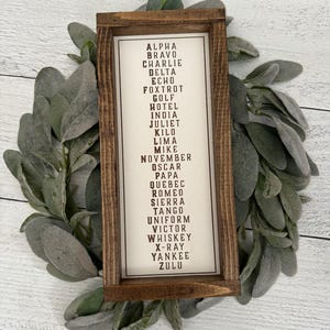 May include: A rectangular wooden sign with a list of phonetic alphabet words in brown lettering. The sign is framed in dark brown wood and surrounded by a wreath of green leaves. The words are printed on a cream-colored background.