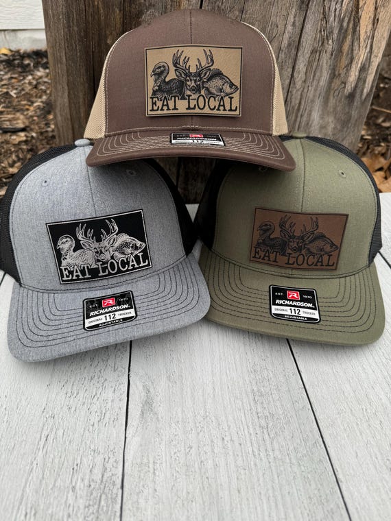 Eat Local Hat – Deer Hunting Patch Hat – Richardson 112 Trucker Cap – Hunter Gift – Buck Antler Leather Patch Hat – Outdoorsman Hat