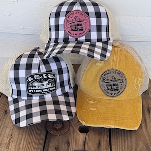 Funny Bus Driver Hat – “World’s Best Bus Driver” Trucker Hat – School Bus Driver Gift – Distressed & Buffalo Plaid Hat – Appreciation Gift