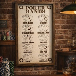 May include: A framed poster displaying poker hands, with illustrations of Royal Flush, Straight, Straight Flush, Three of a Kind, Four of a Kind, Two Pair, Full House, One Pair, Flush, and High Card. The poster is set against a brick wall.