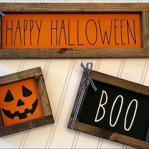 Halloween farmhouse sign tiered tray decor