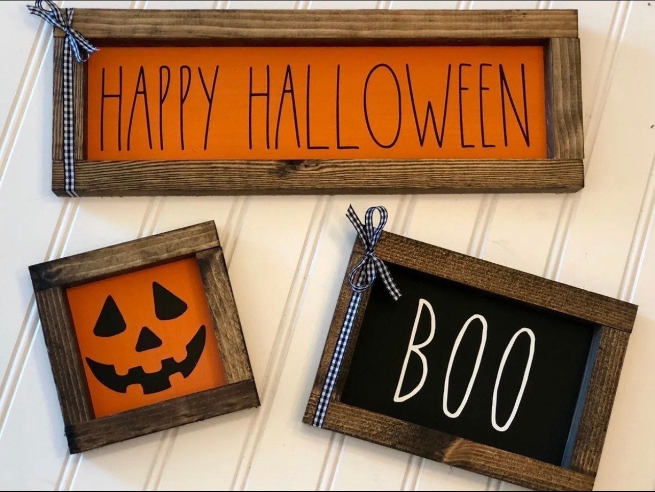 Halloween farmhouse sign tiered tray decor