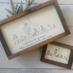 A Thrill of Hope, the Weary World Rejoices Farmhouse Sign - Nativity Scene Christian Christmas Decor - Sketch Modern Style