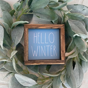Hello Winter Blue Farmhouse Decor Tiered Tray, living space  Sign