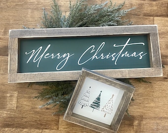 Dark Green Modern Farmhouse Merry Christmas Cursive Sign Decor