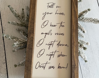 Letrero con la letra de la canción navideña "Fall on Knees O Holy Night" – Decoración de pared estilo granja – Letrero con versículos bíblicos para festividades religiosas