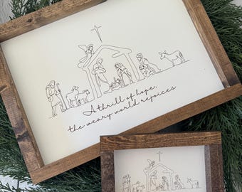 Thrill of Hope, Weary World Rejoices Farmhouse Nativity Scene Sign: Sketch Style Christian Christmas Decor
