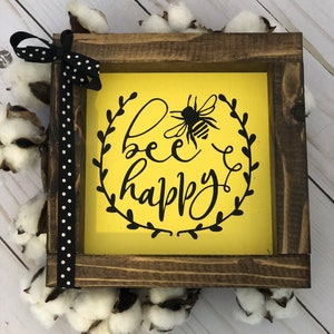 Yellow Bee Happy Farmhouse Sign - Spring Tiered Tray Decor - Summer sign