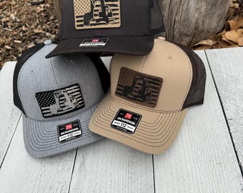 Patriotic Track Hoe Excavator Hat – American Flag Heavy Equipment Operator Hat – Richardson 112 Trucker Cap