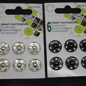Annähbare Druckknöpfe 15 mm Durchmesser Metall Rostfrei, Buttons Pressions 6 Stück auf Karte in Schwarz und Silber