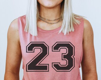 Custom large number on a ladies Bella Canvas flowy muscle tank top