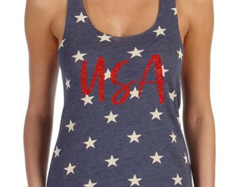 Patriotic Star Tank Top, USA Glitter Tank, Lake Life Summer Racerback