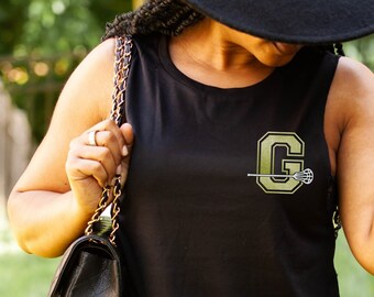 Custom Initial Lacrosse Stick Muscle Tank Top, Women's Bella Canvas