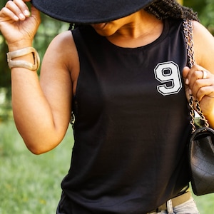 Custom and personalized name & number ladies tank tops | Varsity football sports number with name on back | Sports Mom | Basketball tank top