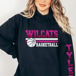 Personalized Basketball spirit wear on long sleeve shirts, sweatshirts, & hoodies with name on sleeve and name and number on the back