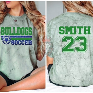 Custom & Personalized Soccer Spirit Wear on Comfort Colors Color Blast t-shirts and sweatshirts with name and number on the back.