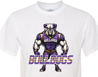 Bulldogs spirit wear on adult unisex short sleeve t-shirts.