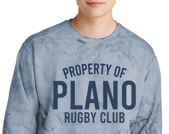 Property of Plano Rugby Club spirit wear on adult Ocean Comfort Colors color blast t-shirts & sweatshirts.