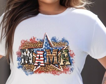 Mama stars and stripes with leopard and cow print t-shirts.