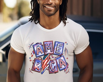 America with flag lightning bolt red, white, blue USA t-shirts.