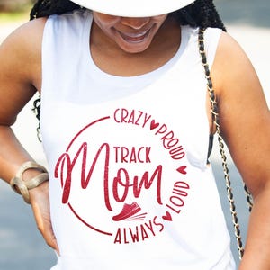 Custom Track and Field mom, aunt, or nana ladies muscle tank tops with personalized name on the back.