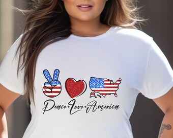 Peace, love, America red, white, blue USA t-shirts.