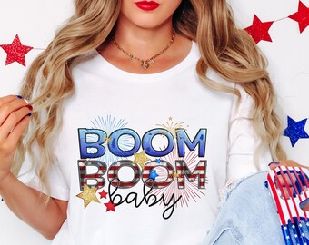 Boom Boom baby red, white, blue fireworks USA t-shirts.