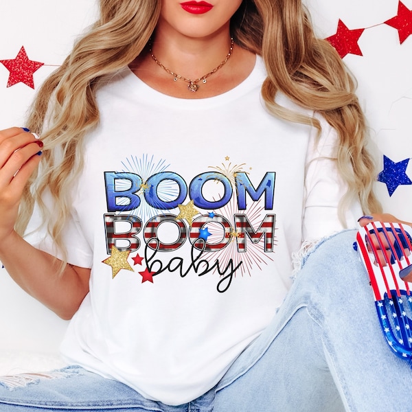 Boom Boom baby red, white, blue fireworks USA t-shirts.