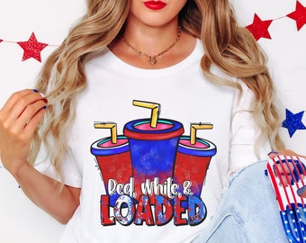 Red, white, and loaded t-shirts.