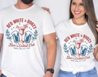 Red, white, and boozy Beer & Cocktail Social Club Party like it's 1776 patriotic t-shirts.