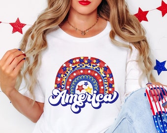 Red, white, and blue America stars and stripes rainbow t-shirts.
