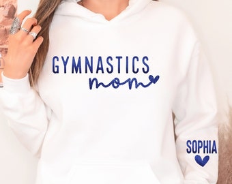 Gymnastics Mom long sleeve tees, sweatshirts & hoodies with name and heart on sleeve