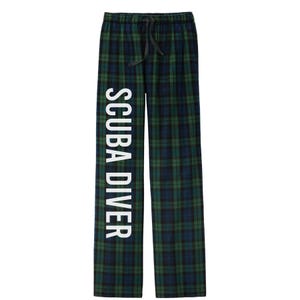 May include: Green, blue, and black plaid pajama pants with a drawstring waist. The words "SCUBA DIVER" are printed vertically in white down the left leg. These comfortable pants are perfect for lounging.