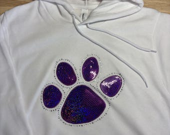 Rhinestones & Sequins Purple Paw Print: Bella Canvas XS white hoodie