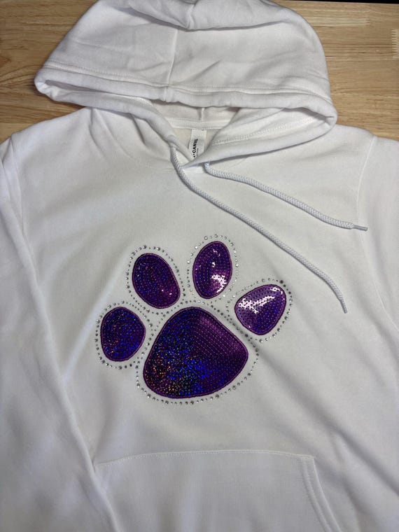 Rhinestones & Sequins Purple Paw Print: Bella Canvas XS white hoodie