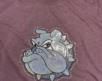 Rhinestones & Sequins Bulldogs spirit wear: Large Bella Canvas heathered mauve t-shirt