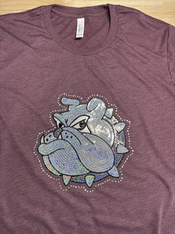 Rhinestones & Sequins Bulldogs spirit wear: Large Bella Canvas heathered mauve t-shirt