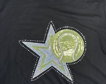Rhinestones & Sequins Tennis Star: Bella Canvas large black t-shirt