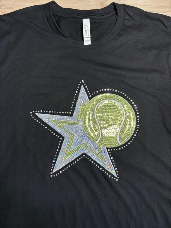 Rhinestones & Sequins Tennis Star: Bella Canvas large black t-shirt