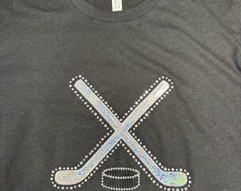 Rhinestones & Sequins Lacrosse spirit wear: Large Bella Canvas heathered black t-shirt