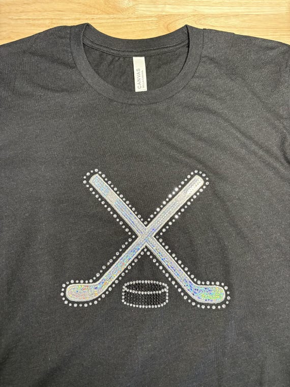 Rhinestones & Sequins Lacrosse spirit wear: Large Bella Canvas heathered black t-shirt
