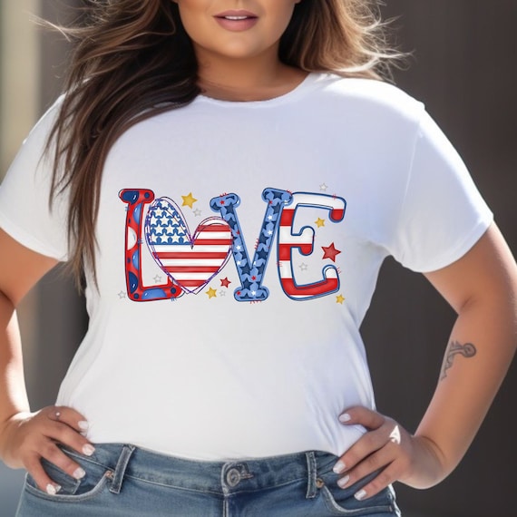 LOVE USA red, white, and blue stars and stripes t-shirts.