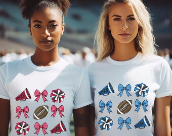 Football Cheerleader coquette bow t-shirts with custom name on the back.