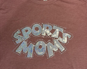 Rhinestones & Sequins Sports Mom: Large Bella Canvas heathered mauve pink